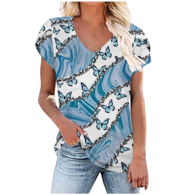 Pompotops Mode Femme Été Col en V Manches Courtes Imprimé T-shirt Blouse Décontractée Liquidation