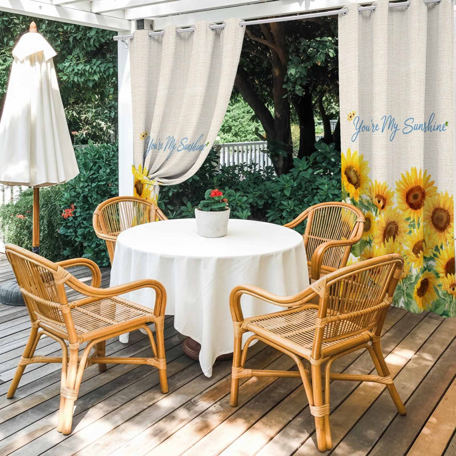 Summer Flowers Outdoor Curtains for Patio, Watercolor Sunflower Letter Print Green Leaf Waterproof Outside Curtains Privacy Blackout Curtain for Porch Pergola Cabana, 1 Panel 54W x 95L Inch