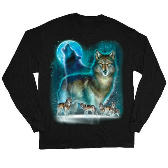 Wolf Pack Wolves Moon Decal T-shirt Men's Long Sleeve Tee Black