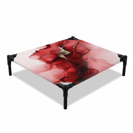 Marble Texture Elevated Dog Bed Abstract Wine Red Gold Gradient Art Cooling Breathable Outdoor Raised Dog Cot Bed with Metal Frame Non-Slip Feet for Small Dog 20x20in