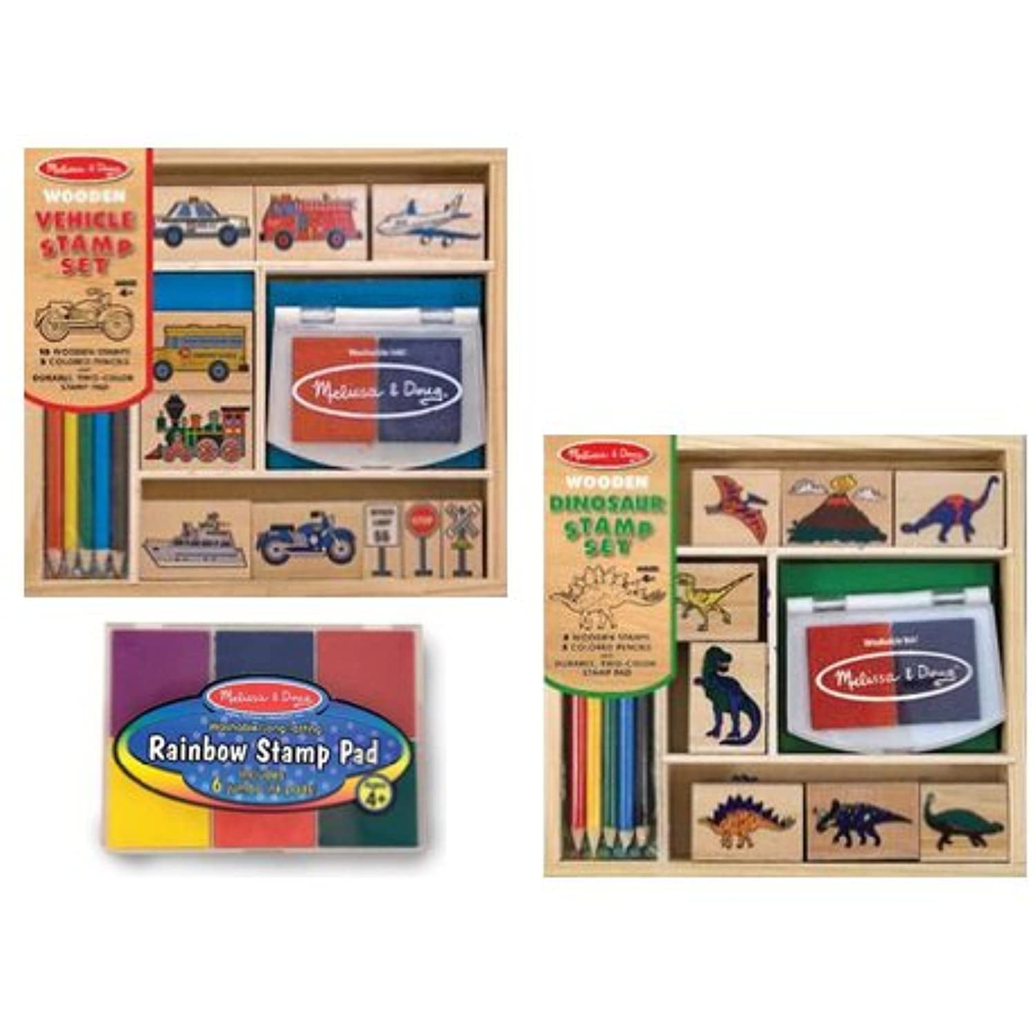 Melissa & Doug Wooden Stamp Set Bundle - Vehicle and Dinosaur Stamp with Bonus Rainbow Stamp Pad
