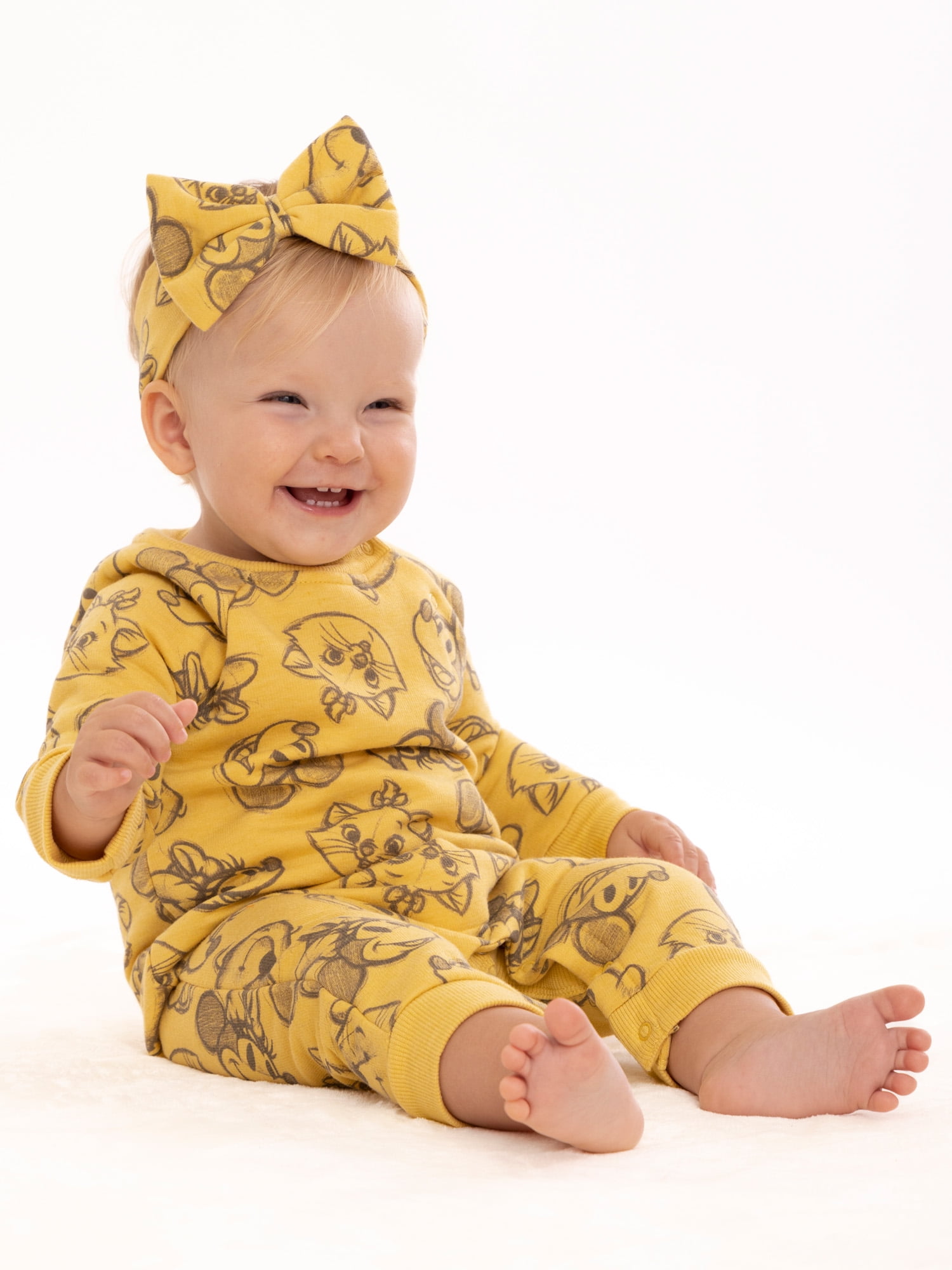 Disney 100 Baby Girls Long Sleeve Romper and Headband, 2-Piece Set, Sizes 0/3 Months-24 Months