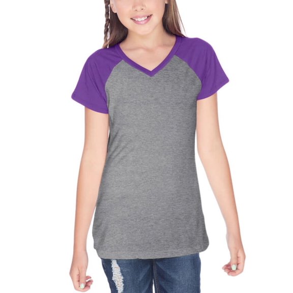 Kavio! Big Girls 7-16 Sheer Jersey Contrast V Neck Raglan Short Sleeve Dark Heather Gray/Grape Large
