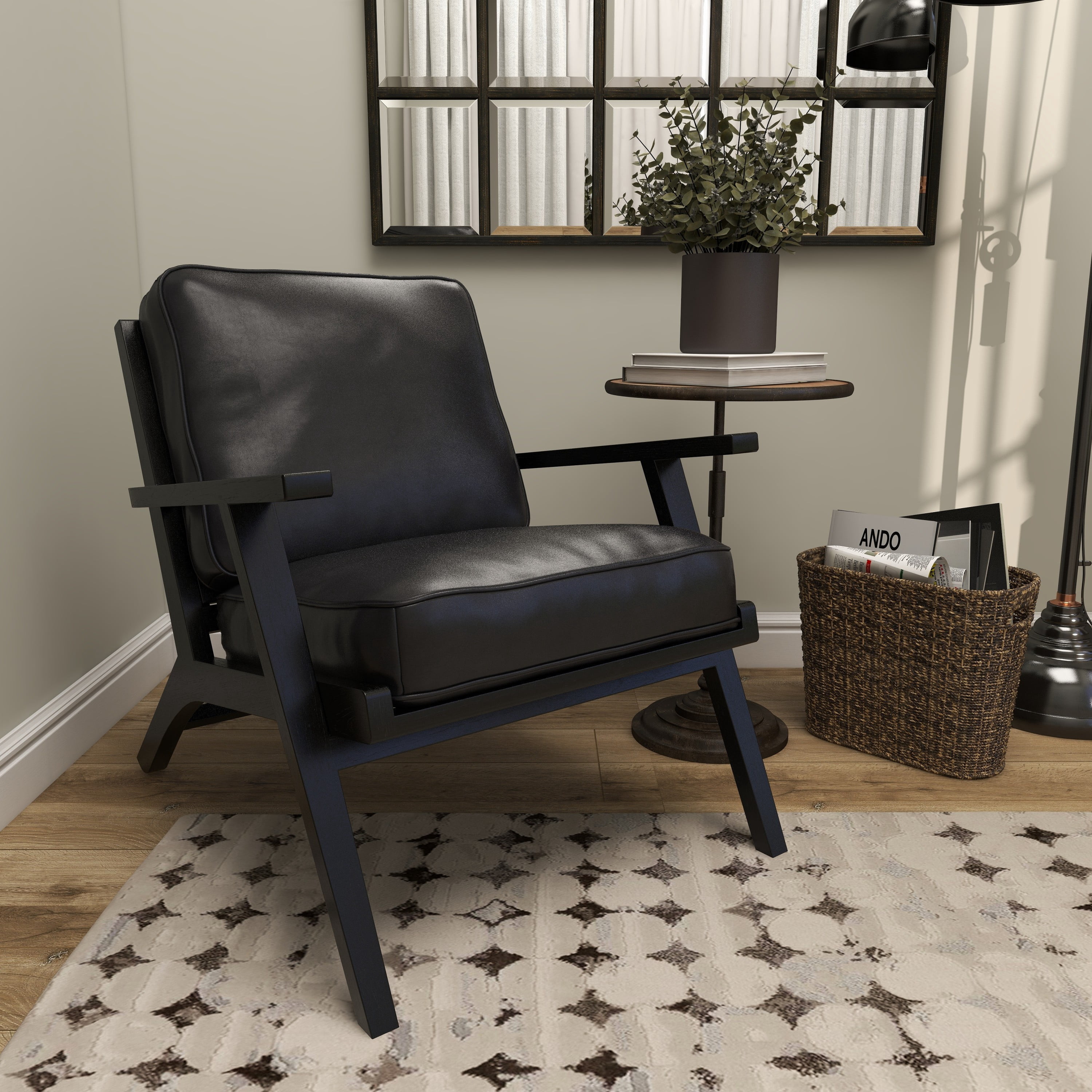 DecMode Leather Mid-Century Lounge Chair with Teak Wood Frame, Black