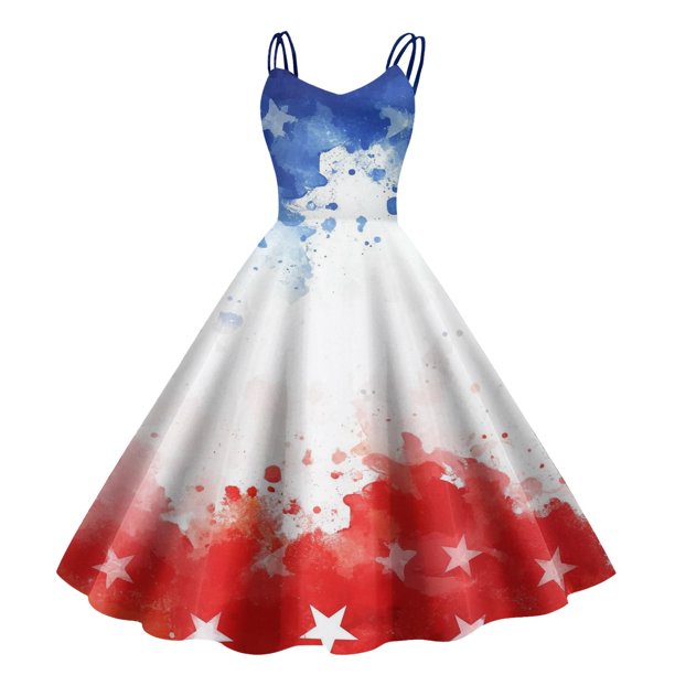 WILLBEST Vestidos De Verano Para Mujer, Vestido Informal Con Estampado De Libertad Democrática, Tirantes Y Cintura Alta