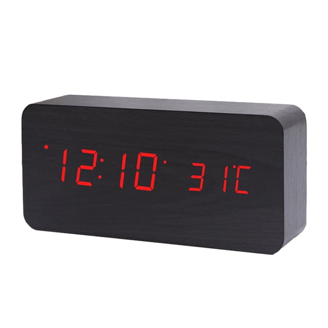 Reloj despertador digital de madera, luz roja de madera de bambú