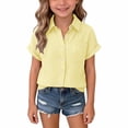 thumbnail image 2 of OIOLOYJM Linen Shirts for Girls Summer Casual Short Sleeve Button Down Pocket Blouses Lightweight Breathable Comfy Shirts Yellow 5-6 Year, 2 of 5