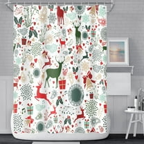 Merry Christmas Bathroom Shower Curtain Winter Cartoon Elk Snowflakes Red Green Xmas Pattern Shower Curtain Waterproof Durable Holiday Home Decor Shower Curtain with Hooks, 72x84 Inch