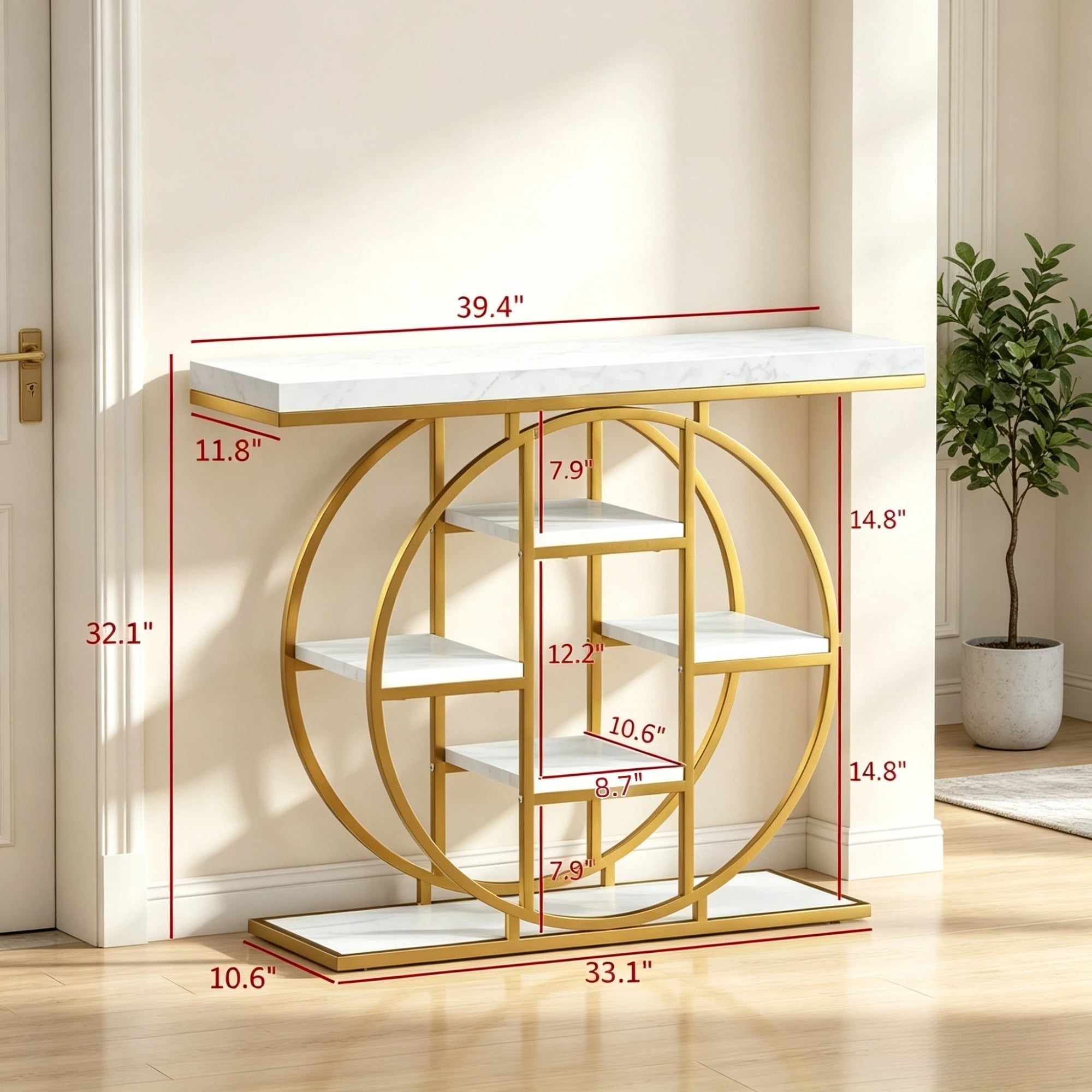 1PCS Multi-Tier Shelving Chic Console Table, Entryway Storage Display Table, Accent Sofa Table with Circular Base