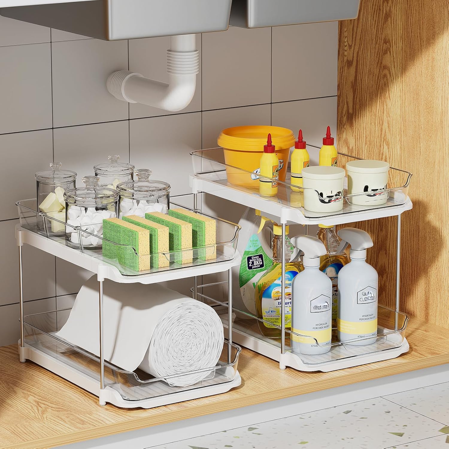 3 Pack 2-Tier Bathroom Under Sink Organizers and Storage, Multi-Purpose Stackable Pantry Organization and Storage, Pull Out Clear Kitchen Bathroom Cabinet Organizer with Movable Dividers, White