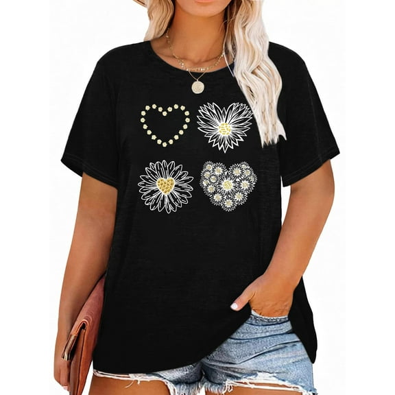 XCHQRTI Womens Daisy Tshirt Graphic Plus Size Casual Shirt Oversized Short Sleeve Summer Flower Tops