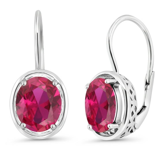 Gem Stone King 4.00 Cttw Red Created Ruby Dangle Earrings for Women | 925 Sterling Silver | Oval 9X7MM