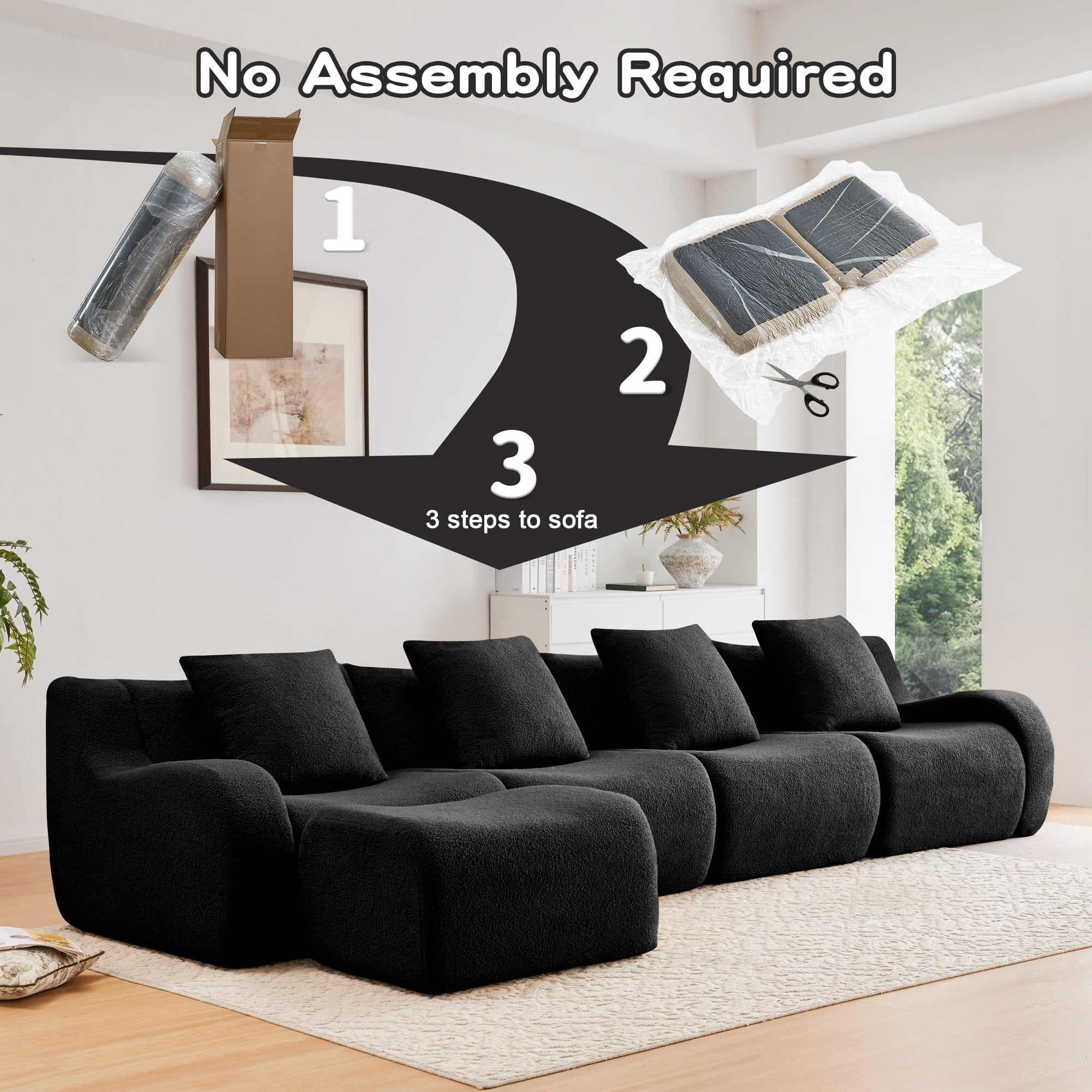 MAYEERTY 148" L-Shaped 4-Seat Teddy Fabric Boneless Sofa, Black 300lbs/seat 32D Foam No Assembly Couch with Chaise for Living Room Study
