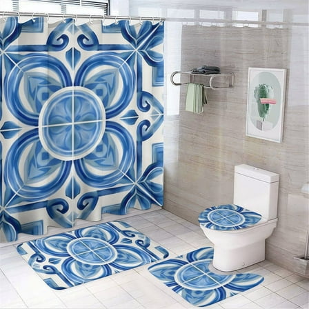 Ultramarine 4 Pcs Bathroom Shower Curtain Set, Bathroom Sets with Rugs (Bath Mat, U Shape and Toilet Lid Cover Mat) and 12 Hooks,