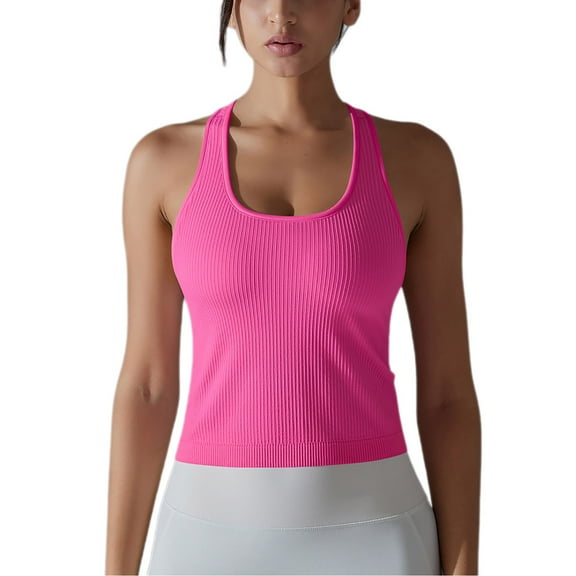 Mittory Women Ribbed Workout Crop Tops with Built in Bra Yoga Racerback Tank Top Tight Fit