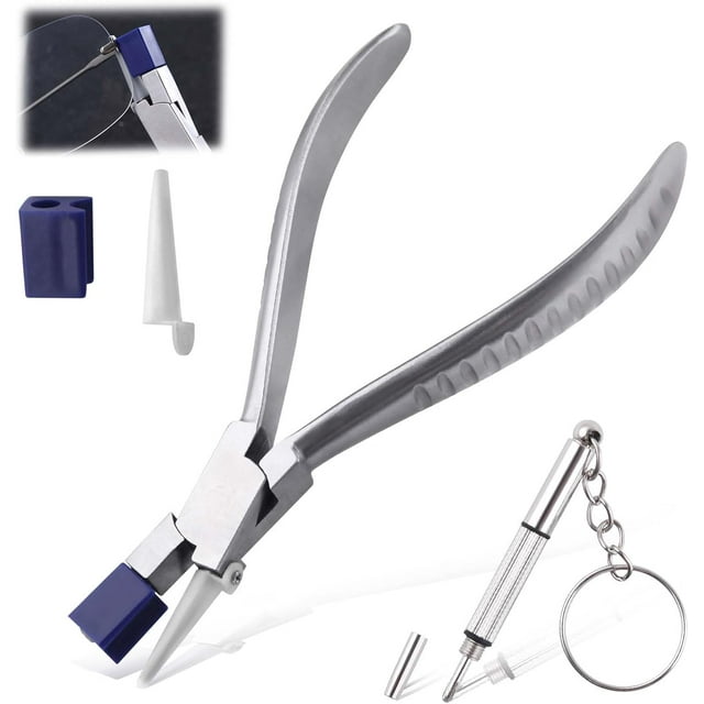 LEONTOOL Pince à Lunettes en Nylon Concave, Pince de Réglage de Monture en Acier Inoxydable, Bras de Lunettes de 6 Pouces, Pince à Monture, Kit d'Outils de Réparation de Lunettes Optiques avec Mini Tournevis et Mâchoires de Rechange