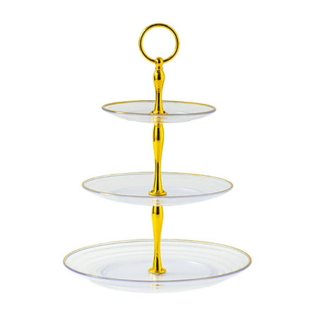 

Versatile 3-Tier Cake Pastry Stand Plastic Fruit Cake Dessert Stand with Golden Handle Transparent