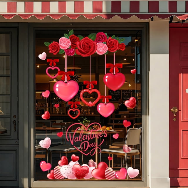 Valentine's Day Window Stickers,Heart Decorative Adhesive Wall Decals for Home Decor,Romantic Sweet Love Theme Self-Adhesive Clings for Glass Door Living Room Bedroom Party Festival Decorations