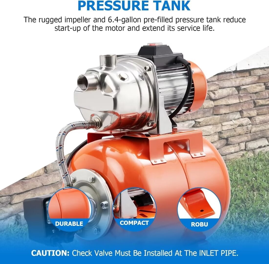 1.6HP Shallow Well Pump with Pressure Tank, 115V Irrigation Pump, Stainless Steel Automatic Water Booster Jet Pump for Home, Garden
