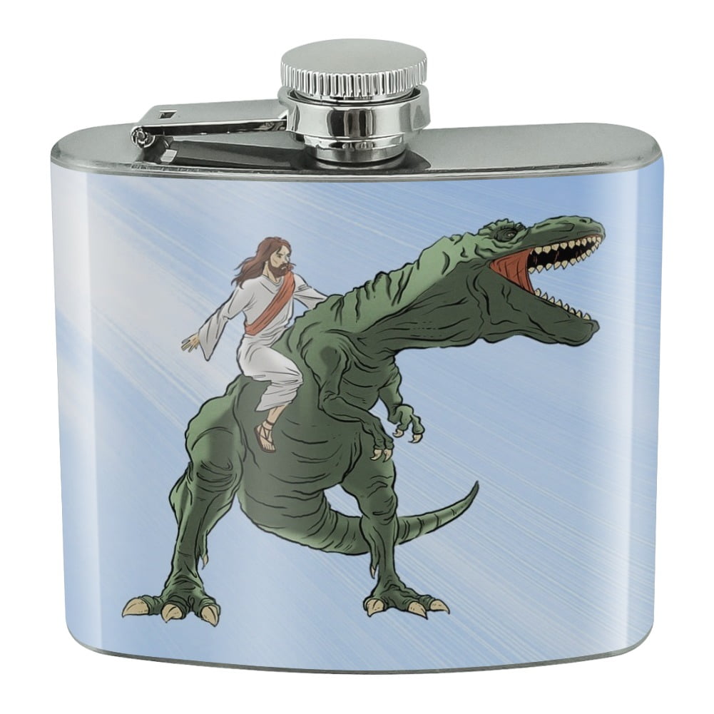 Jesus Riding a T-Rex Stainless Steel 5oz Hip Drink Kidney ...