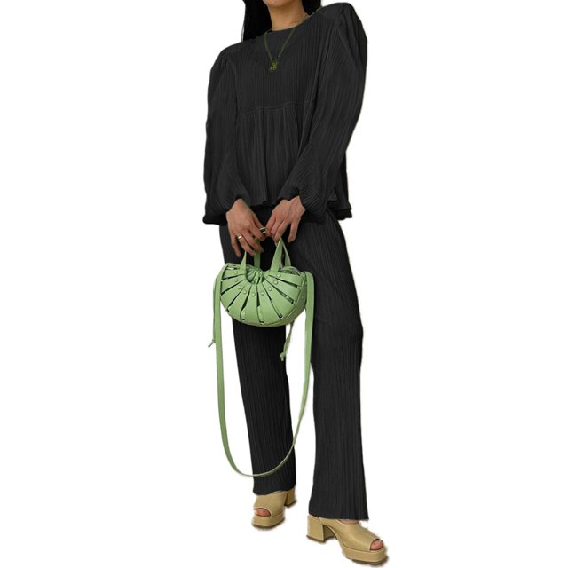 VISgogo Traje de pantalón elegante de dos piezas para mujer, blusas y pantalones peplum con mangas abullonadas y cuello redondo de color sólido VISgogo moda