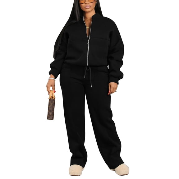 Women's 2 Piece Outfits Sweatsuits Full Zip Sweatshirts Wide Leg Sweatpant Set Tracksuit Jogger Matching Sweat Pants Set Black L