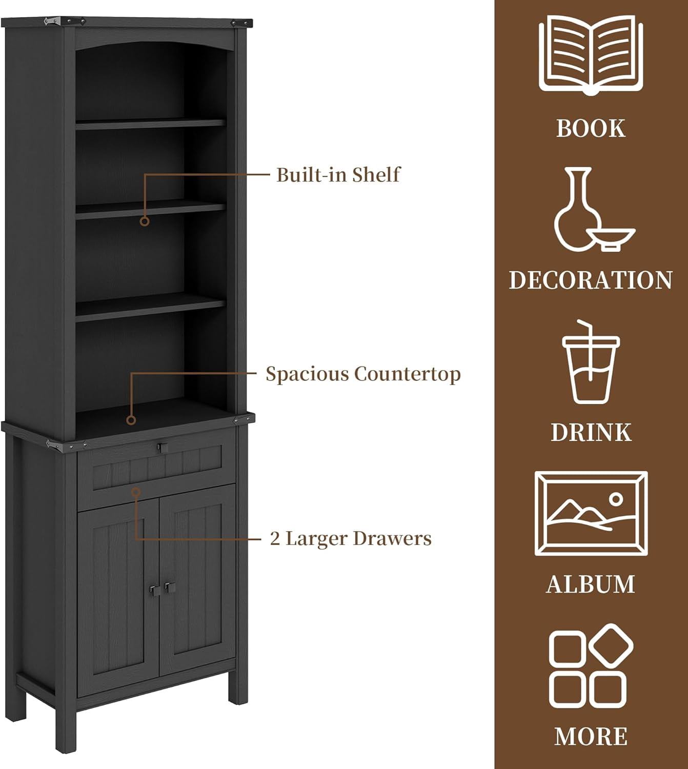 FIAKOA Rustic Bookshelves Set of 2, 71" Tall Wood Bookcase with Adjustable Shelves, 2 Cabinet Doors and Drawers, Farmhouse Display Storage for Living Room or Office(Black)