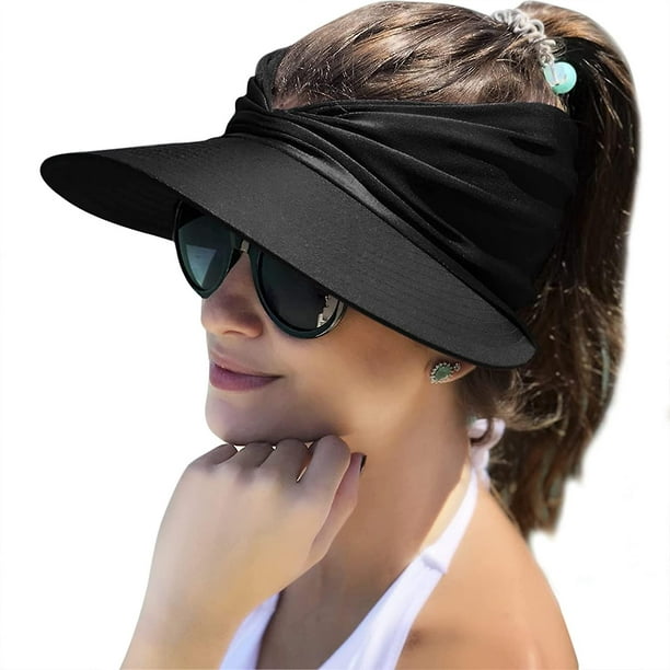 Womens Sun Visor Hat Wide Brim Summer Upf 50+ Uv Protection Beach Sport Cap-Black-Quantity  