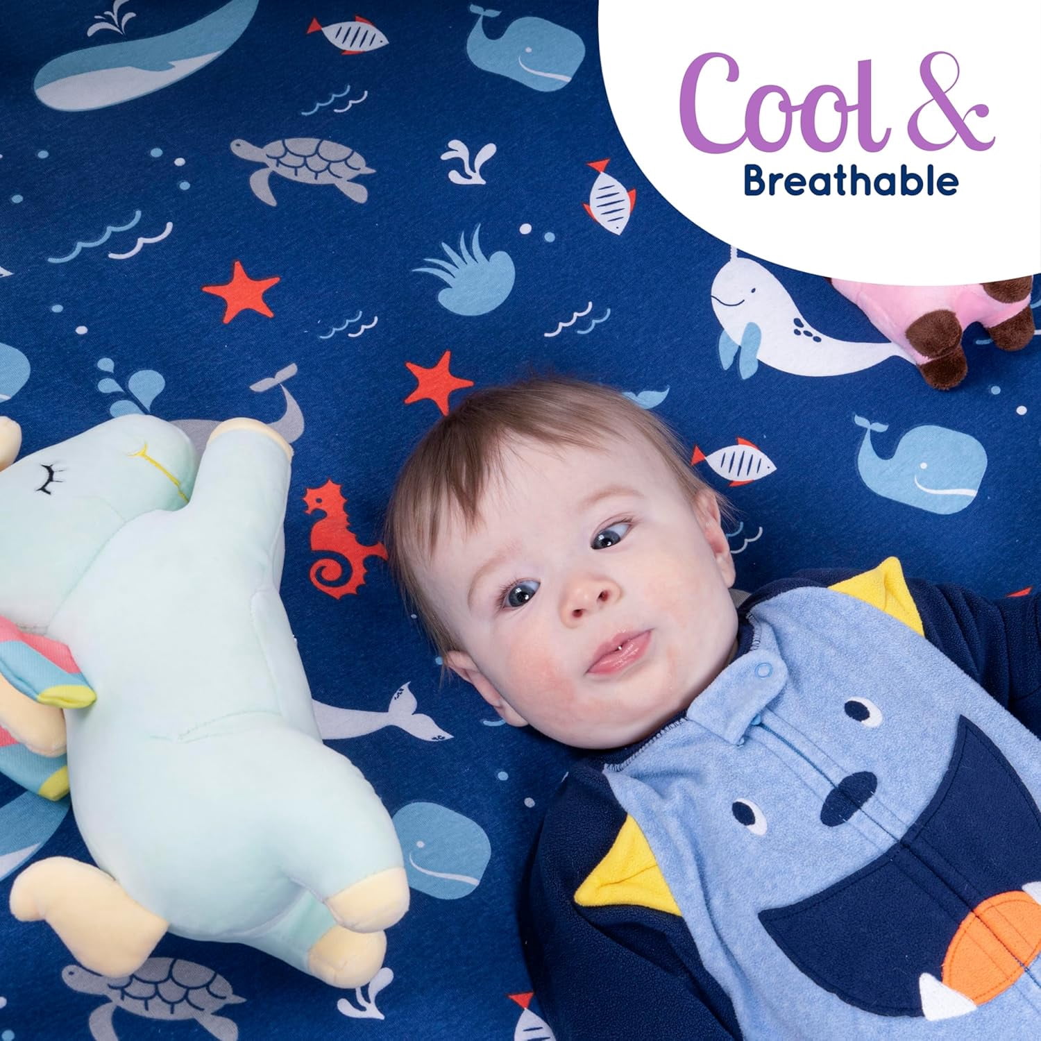 Fitted Crib Sheets 3 Pack by GROW WILD - Soft Jersey Cotton Toddler Sheet | Baby Crib Bedding Set for Boys | Crib Mattress Sheets and Boys Toddler Bed Sheets | Ocean Blue Crib Sheets Whale Turtle