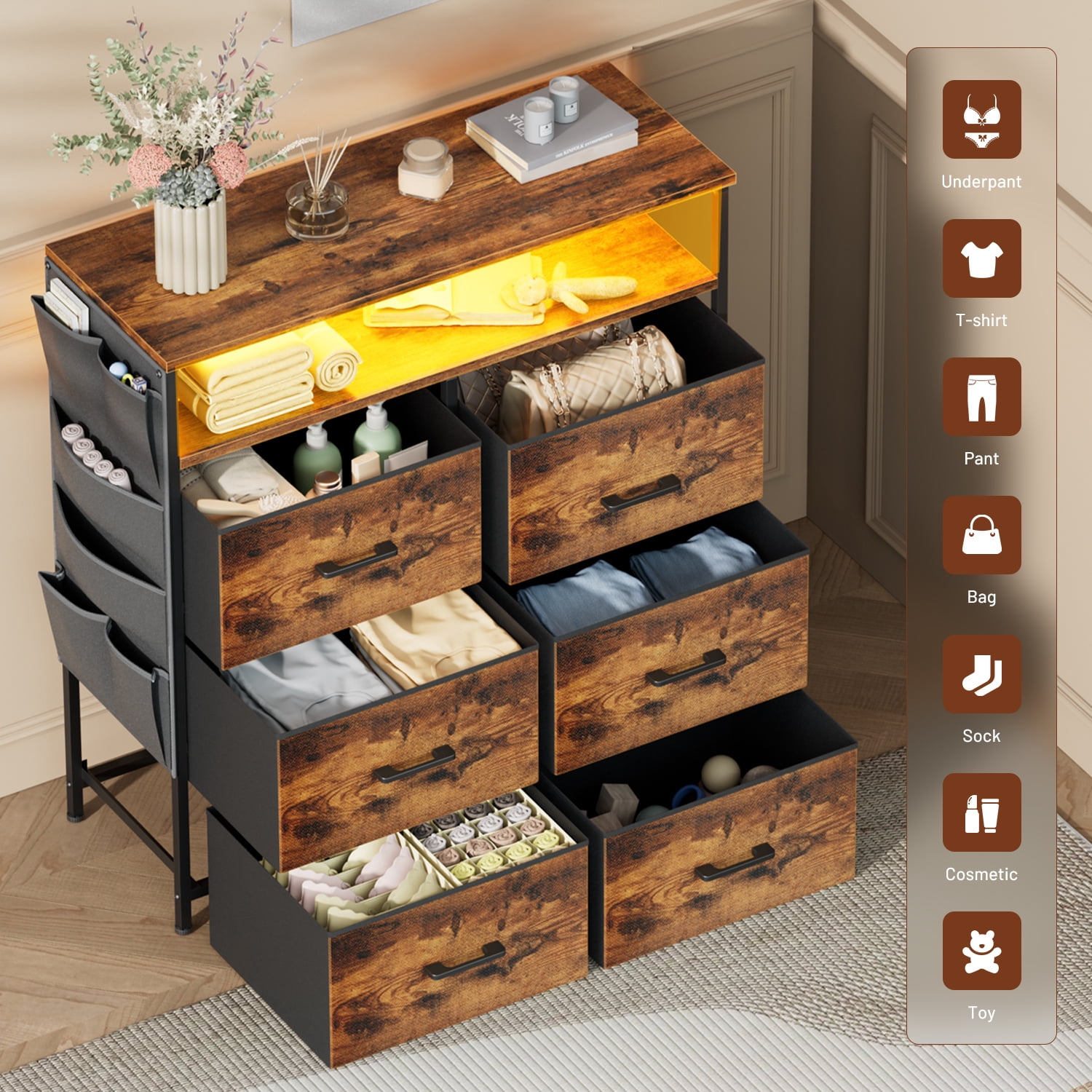 HLDIRECT Dresser for Bedroom with 6 Drawers, Fabric Chest of Drawers with Open Shelves & Side Storage Bags, Storage Cabinet with LED Lights for Living Room, Closet, Entryway, Gray