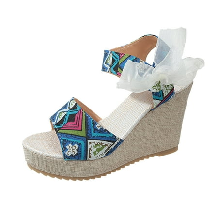 

Mnyotv Beach Sandals for Women Dressy Ladies Ethnic Style Summer Printed Fabric Lace Up Open Toe Sloping Heel Thick Sole Sandals for Women Wedge Shoes Blue 42