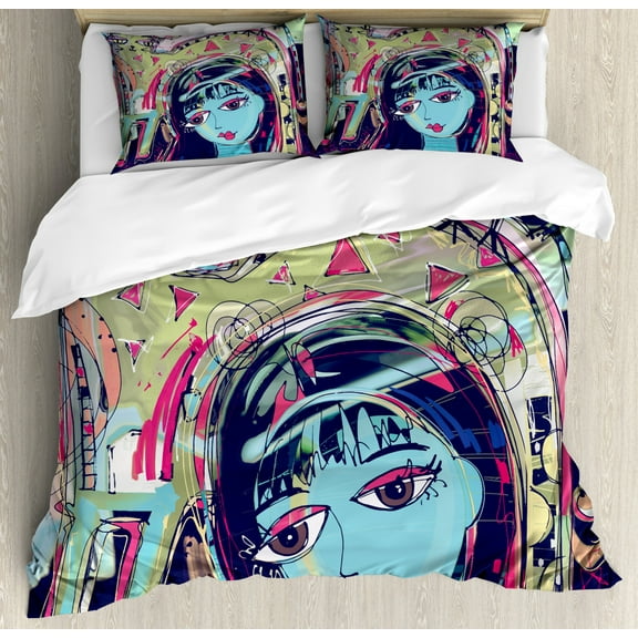 Modern Art Duvet Cover Set King Size, Funk Style Avatar Woman with Cat on Her Head Graffiti Unusual Human Humor Art, Decorative 3 Piece Bedding Set with 2 Pillow Shams, Multicolor, by Ambesonne