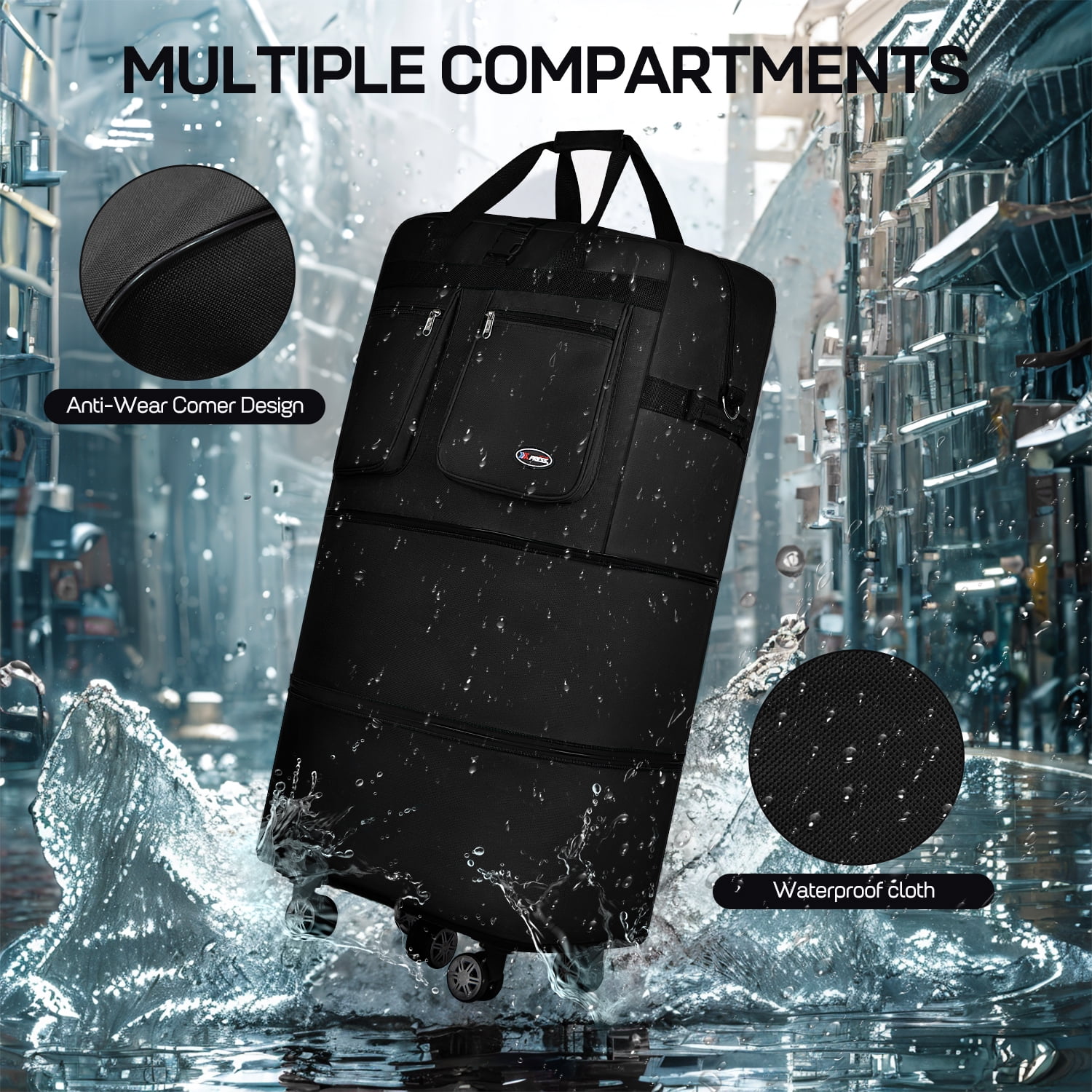 36" Expandable Foldable Luggage Bag,Collapsible Suitcases with Wheels,Rolling Duffle Bag Wheeled Travel Bag for Men Women,MEX-Black