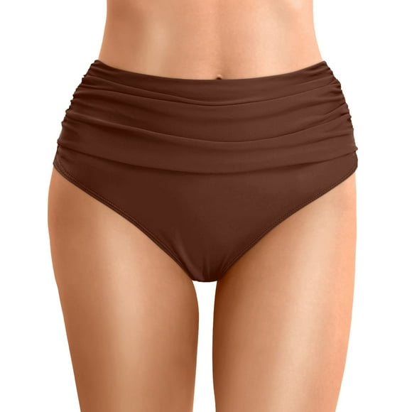 PMVFHDE Women's High Waist Bikini Set with Ruched Briefs and Full Coverage Beach Swimsuit Bottom for Sports Yoga Brown,S