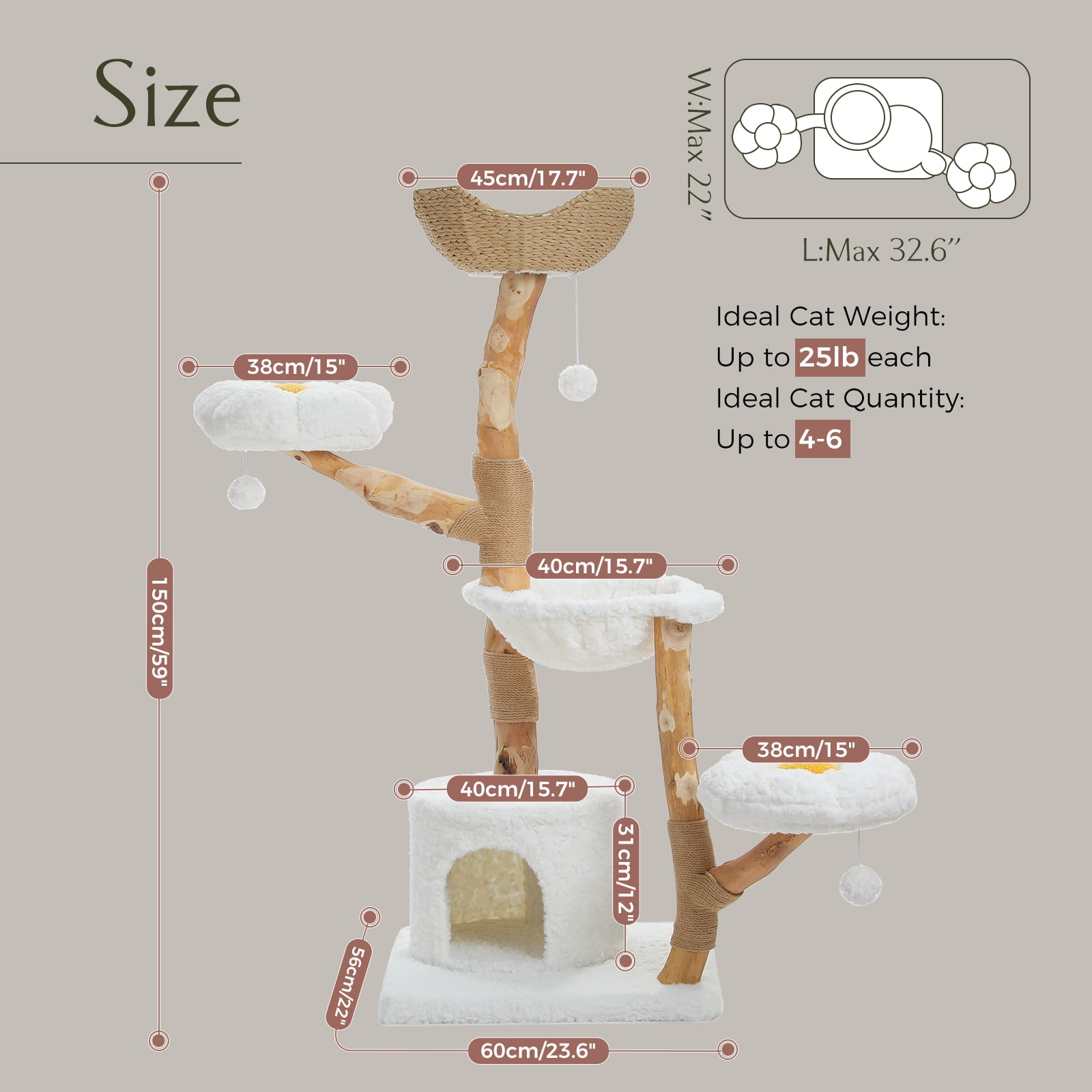 PAWZ Road 59" Modern Cat Tree Natural Branch Cat Tower Luxury Furniture with Scratching Posts for Large Cats, White