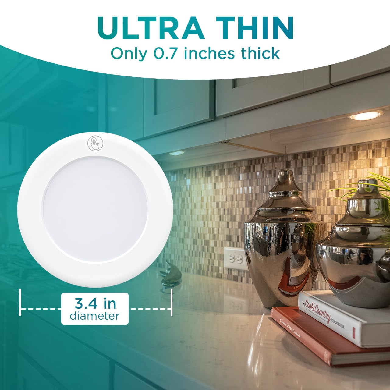 Brilliant Evolution Stick On Puck Lights - Battery Powered Cabinet Lights for Kitchen Under Cabinet Lighting - Wireless Tap On LED Touch Light, 3000K Warm White with Easy Installation - 9x9x2-Inch
