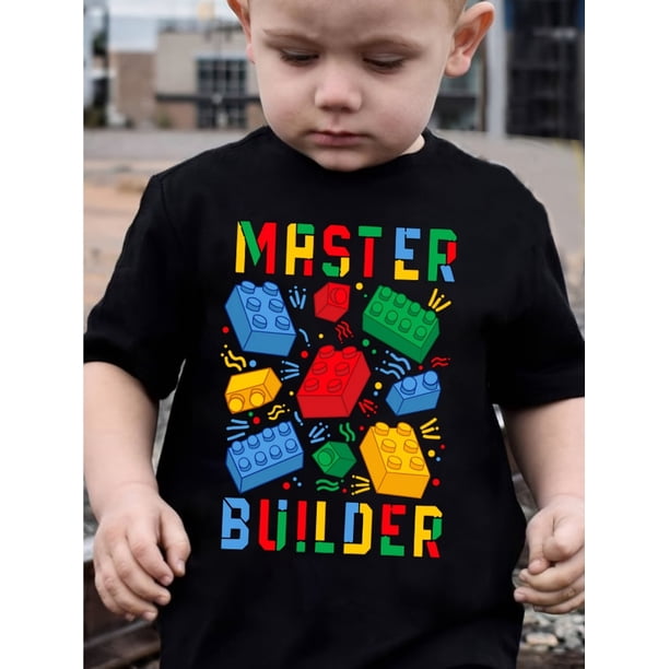 Boys' Summer Master Builder Graphic T-Shirt - Colorful Block Print, Short Sleeve, Crew Neck, Cotton Casual Top for Youngsters, Casual Youngsters's Clothing | Colorful Print Tee | Cotton Fabric