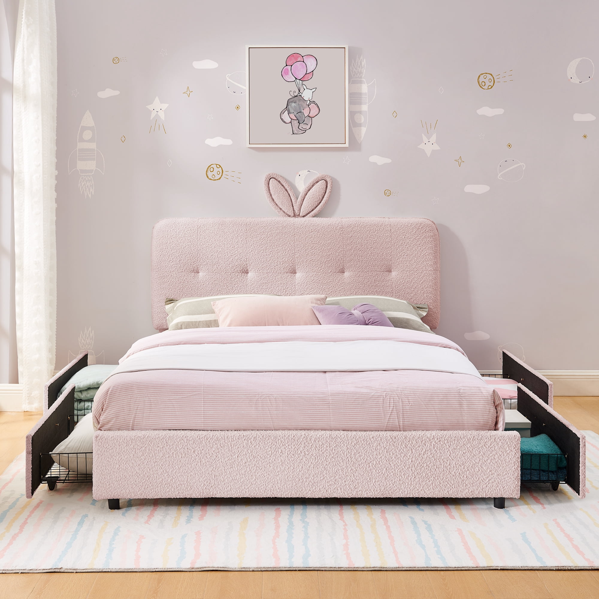Full Size Kids Bed with LED Lights and 4 Storage Drawers, Upholstered Boucle Bed Frame with Oversized Rabbit Ear Headboard, Platform Bed for Kids Bedroom, Pink