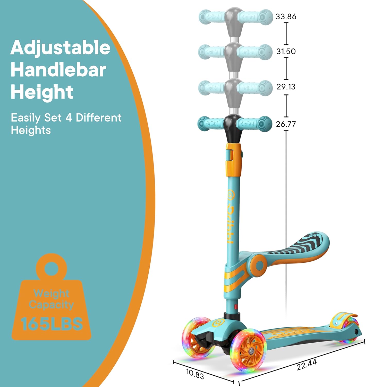 Dribbl 3-Wheel Kids Scooter with Seat, Light-Up Wheels, Adjustable Handlebar, Wide Deck & Rear Brake, Ages 2+