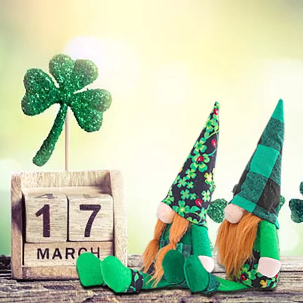 Adornos de gnomos del Día de San Patricio | Decoraciones del festival irlandés de ancianos sin rostro | Sombrero a cuadros verdes | Cuerpo de tejido suave | Sombrero articulado ajustable y brazos |