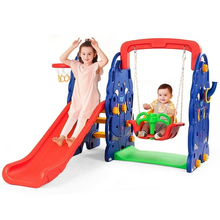 Outdoor Playsets For Children Costway 3 in 1 Junior Children Climber Slide Swing Seat Basketball Hoop Playset Backyard ()