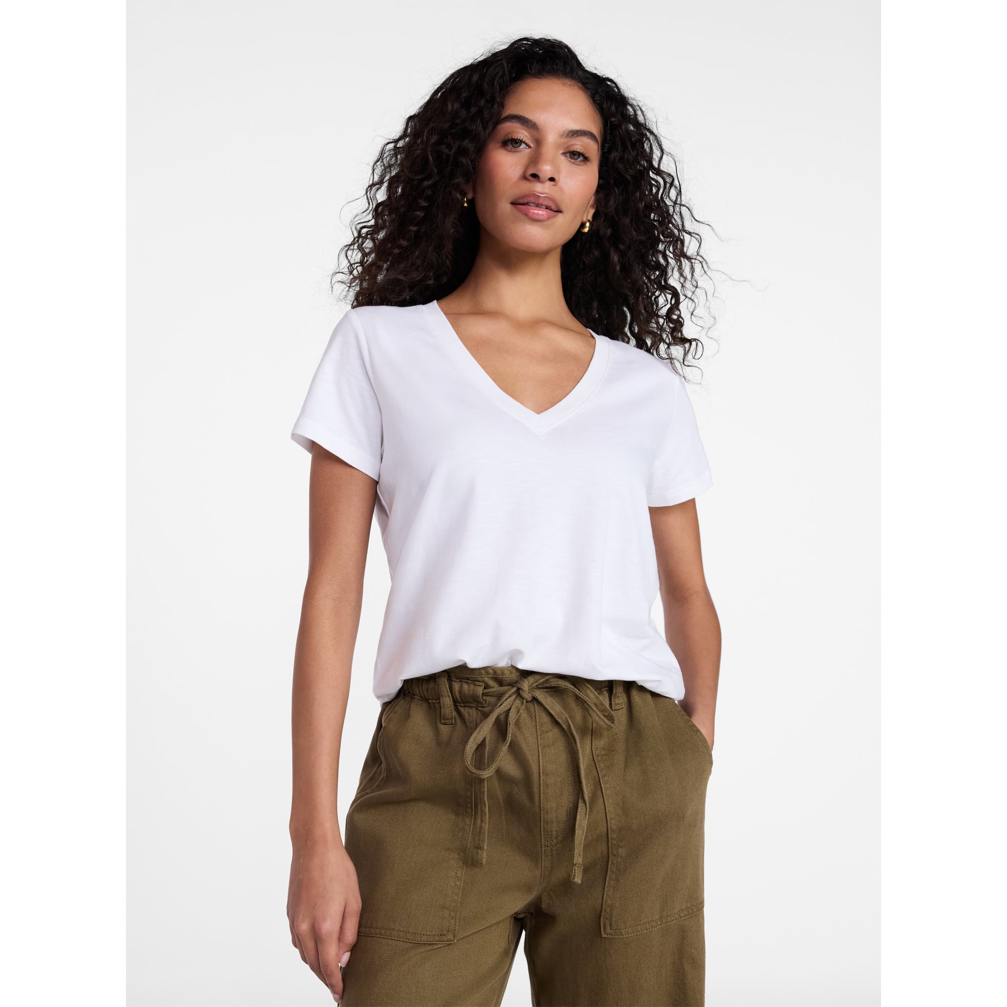 Time and Tru Women’s V-neck Slub Tee with Short Sleeves, Sizes 1X-4X