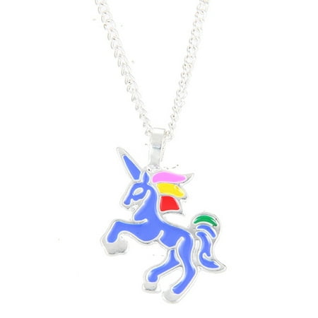 - StylesILove Handmade Design Enamel Cute Unicorn Charm Clavicle Pendant Gold Silver Chain Necklace (Blue with Silver Chain)