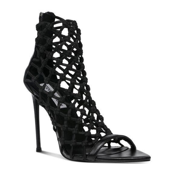 STEVE MADDEN Womens Black Woven Stretch Francys Pointed Toe Stiletto Zip-Up Heeled Sandal 11 M