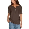 thumbnail image 3 of Brnmxoke Womens Shirts Dressy Casual Short Sleeve 2025 Summer Tops Spring V Neck Button Up Tunic Blouses Solid Color Loose Comfy Work Office Henley Tshirt Brown,XXXL, 3 of 6