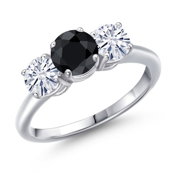 Gem Stone King 925 Sterling Silver Black Sapphire and White Moissanite Engagement Ring for Women | 2.15 Cttw | Round 6MM | Gemstone September Birthstone | Size 9