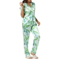 thumbnail image 4 of INSPIRE CHIC Women's Satin Pajama Set Silk Floral Short Sleeves Top and Pants 2 Pcs Pajamas L Green Leaf, 4 of 6