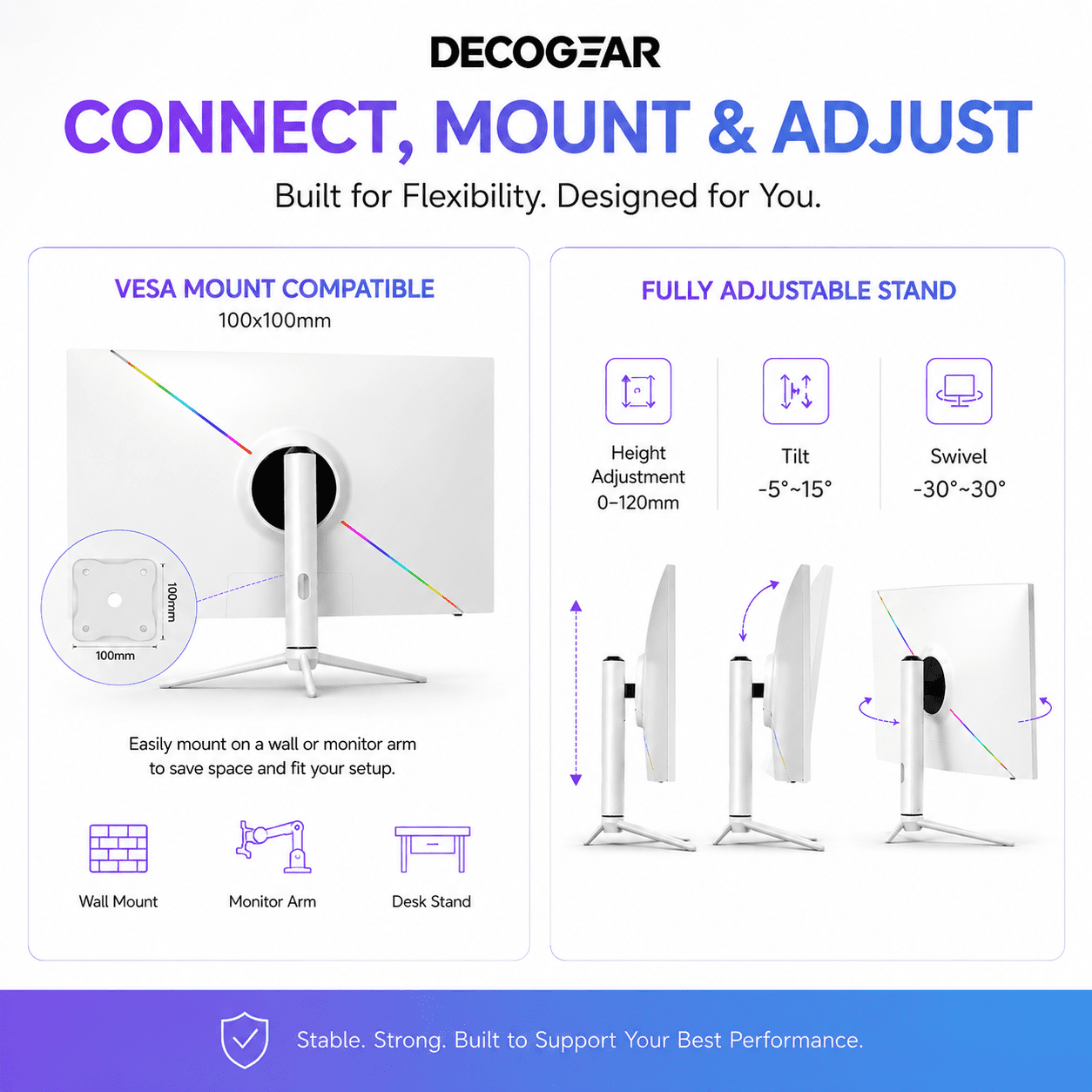 Deco Gear 39" Curved Widescreen Gaming Monitor, 2560×1440 QHD, 165Hz, 1ms MPRT, HDR, Adaptive Sync, 3000R Curve, HDMI, DisplayPort, Tilt Swivel Height Adjust, White