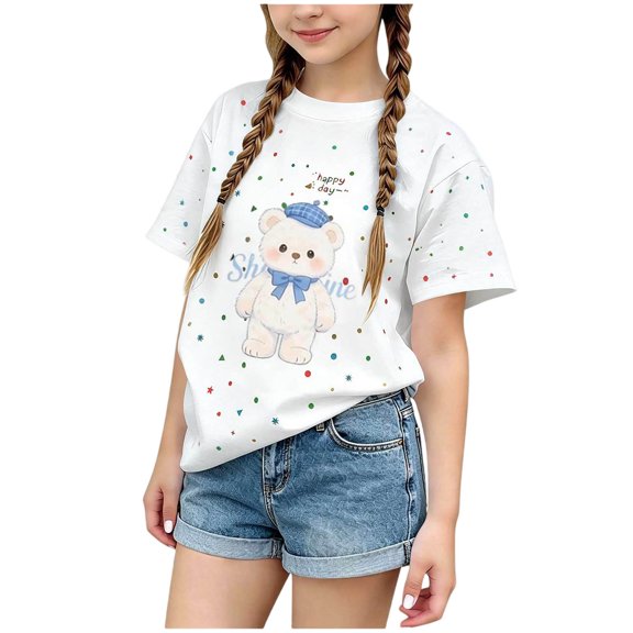 ITSAME Cotton T-Shirt for Girls Cartoon Print Crewneck Short Sleeve Summer Loose Casual Tops White Size 7-8