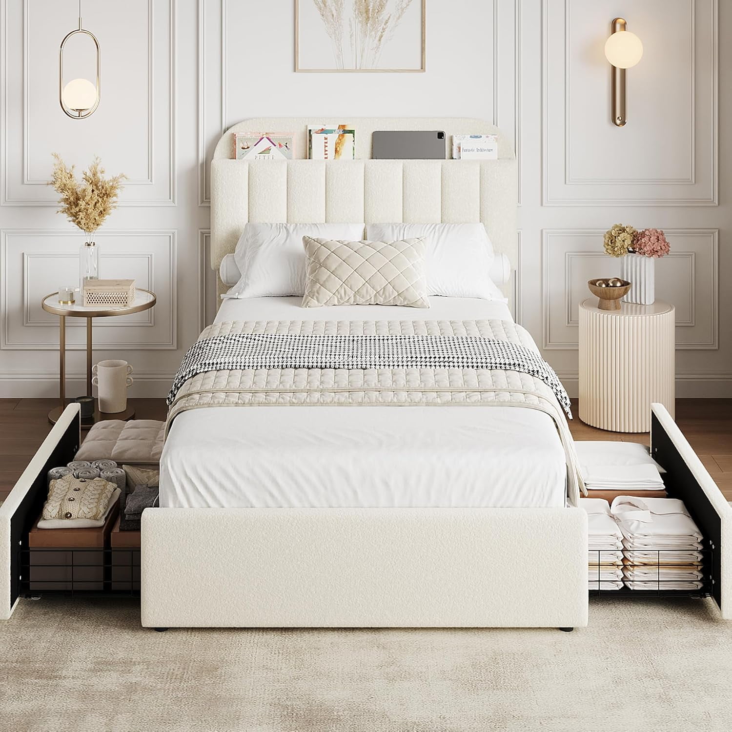 Velvet Twin Bed Frame with Storage Headboard & Drawer, Upholstered Platform Bed, Easy Assembly, No Box Spring, Beige